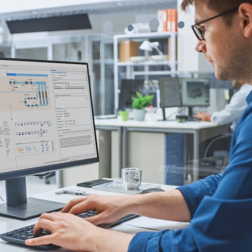 A person using AnyLogic simulation software on a desktop computer in an office.