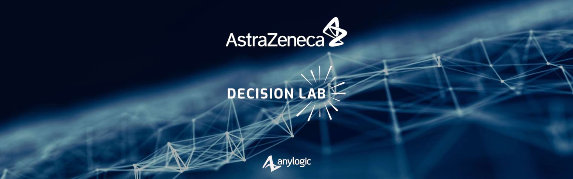 AstraZeneca, Decision Lab, and AnyLogic logos in white on abstract visualisation of interconnected nodes and lines forming a network, resembling a digital or technological web. The design is rendered in a futuristic blue hue with a blurred, glowing effect, symbolising connectivity, data flow, or communication systems.