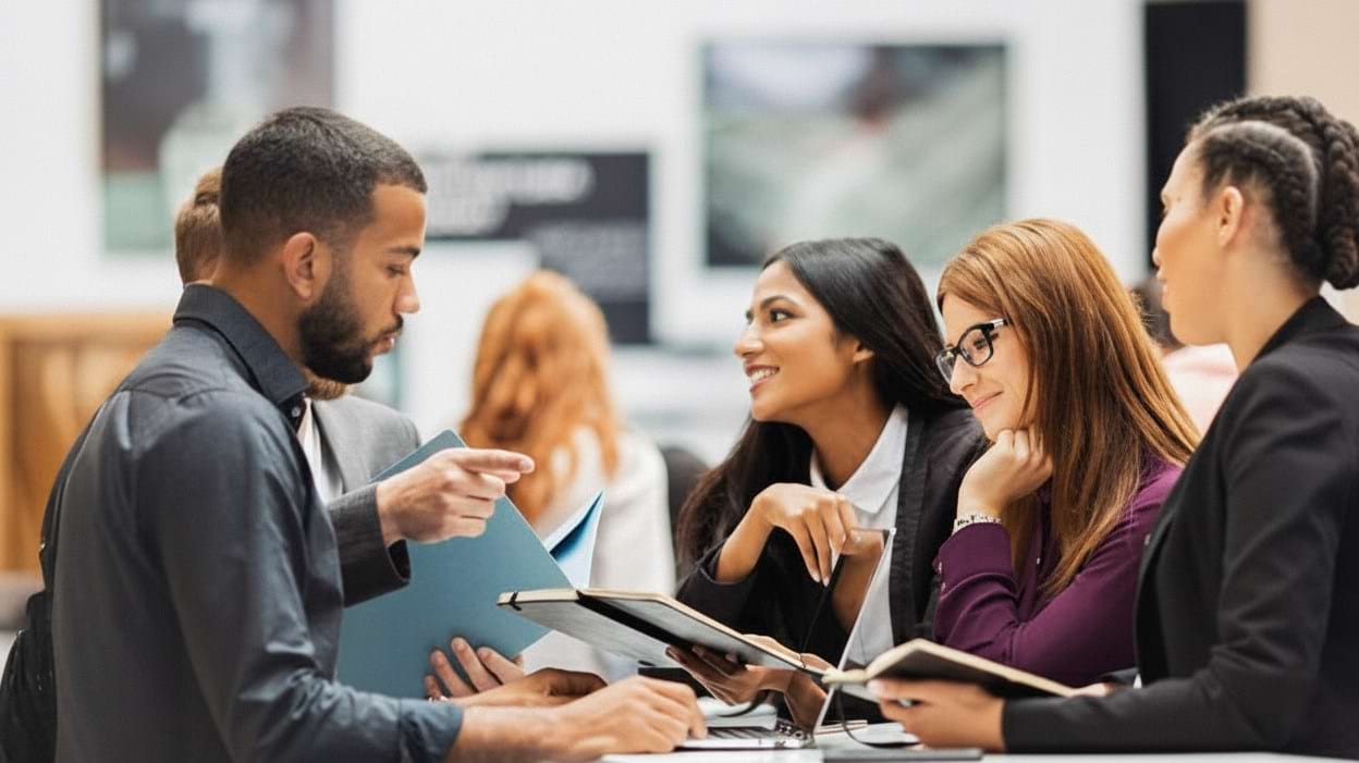 A group of diverse young adults, students and event organisers, gathered around a table engaged in a discussion with folders and notebooks.