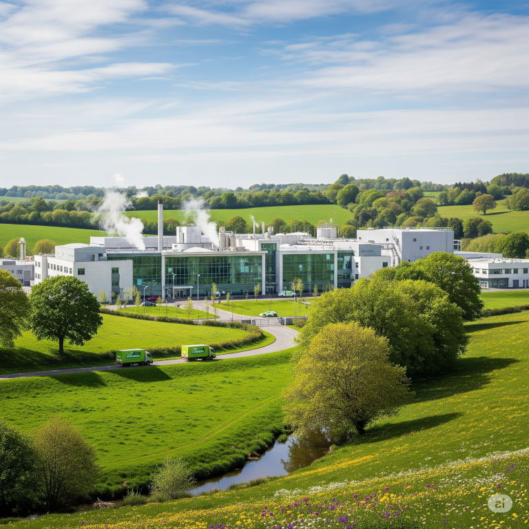 AI-generated aerial view of a large, modern industrial pharmaceuticals facility with extensive glass panelling, nestled within a lush, rolling green countryside. White steam rises from several rooftop vents against a bright blue sky with wispy clouds. Two bright green delivery lorries travel along a winding road in the foreground, which is bordered by a small stream and meadows filled with yellow and purple wildflowers.
