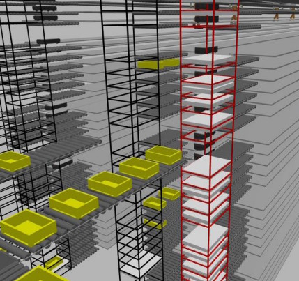 A 3D simulation model of an automated warehouse showing yellow bins moving along roller conveyors between tall, wireframe storage racks.