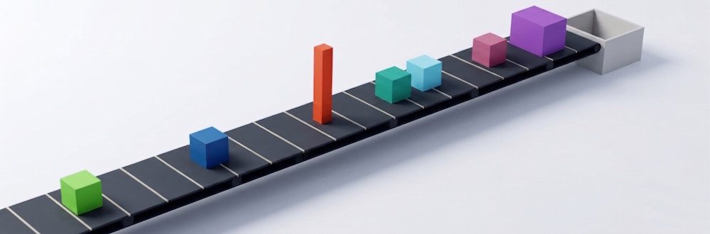 A 3D digital simulation of a logistics conveyor belt used to train a deep reinforcement learning model. Various multi-coloured cuboid items of differing heights and dimensions, including green, blue, orange, teal, light blue, pink, and purple boxes, are spaced sequentially along the dark grey conveyor track moving toward an empty packing bin at the end. The visual demonstrates the stochastic, item-by-item queueing system handled by the LOGOS-RL agent.
