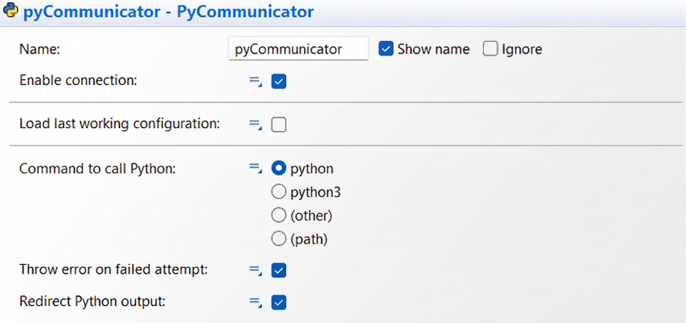 AnyLogic screenshot of a Pypeline configuration form for 'pyCommunicator'. The name is set to 'pyCommunicator' and visible. Connection and error throwing are enabled. The Python command is set to 'python'. Last configuration is not loaded. Output redirection is enabled.