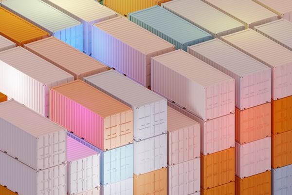 An array of pastel coloured shipping containers.